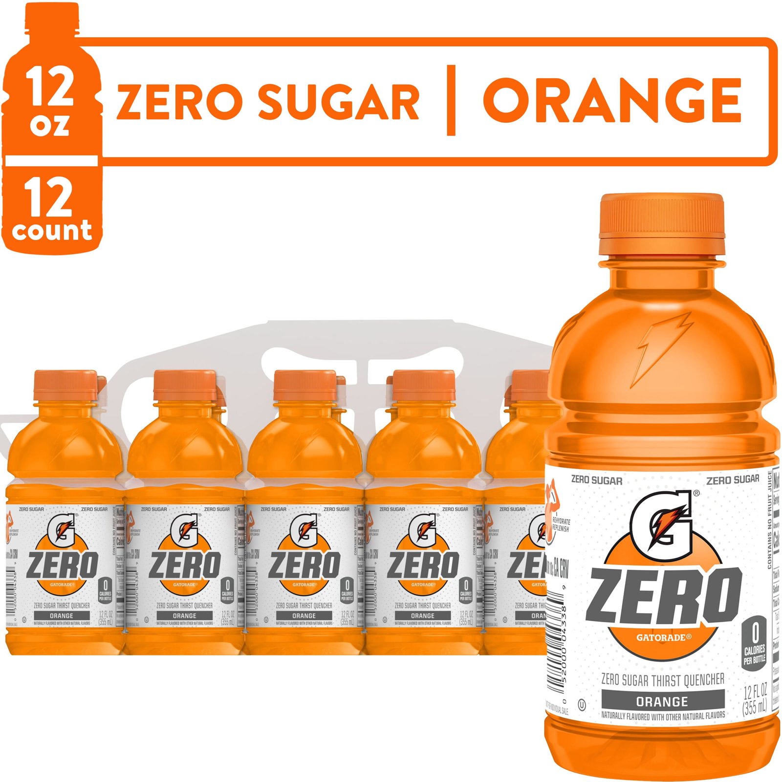 Gatorade Zero Sugar Thirst Quencher, Orange Sports Drinks, 12 fl oz, 12 Count Bottles