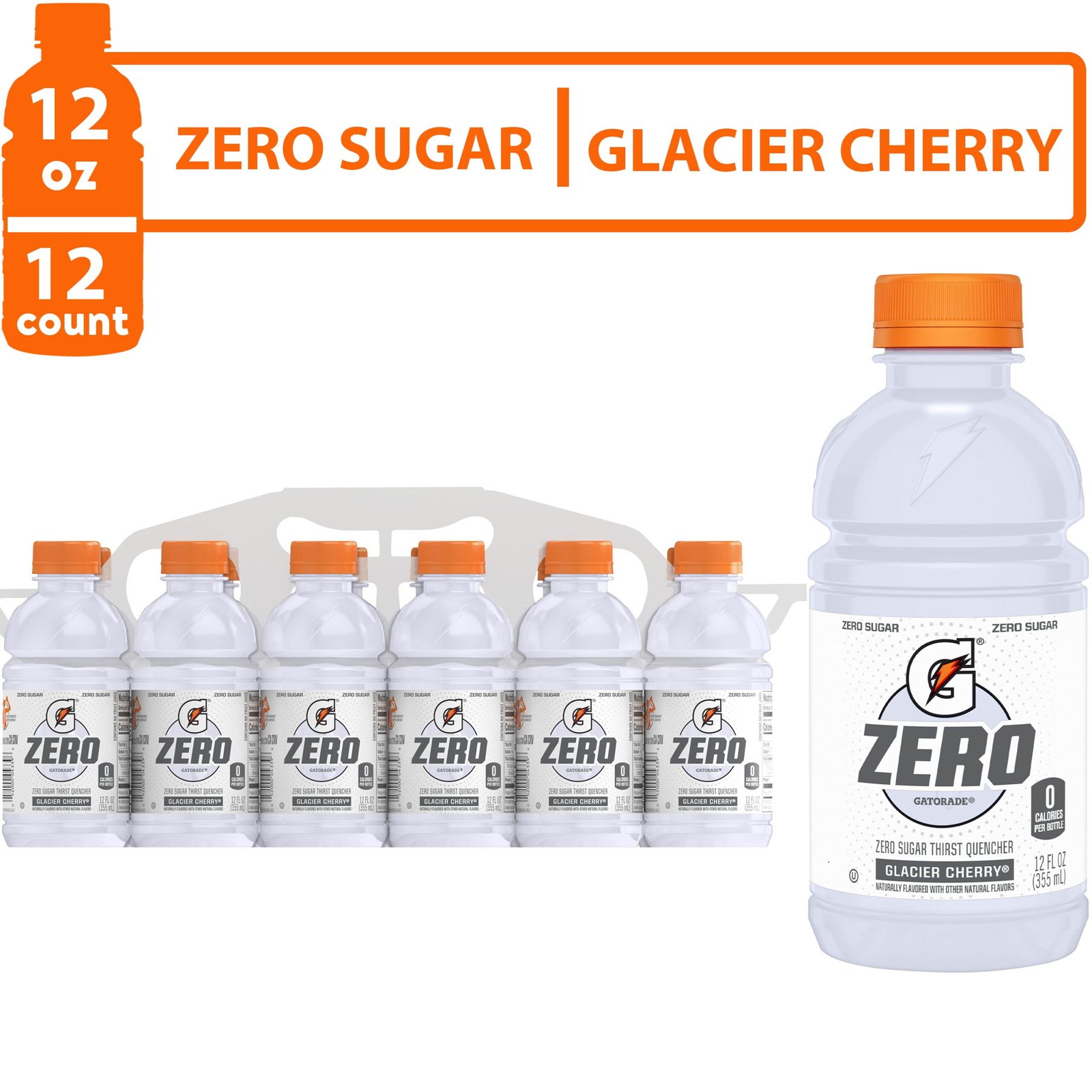 Gatorade Zero Sugar Thirst Quencher, Glacier Cherry Sports Drinks, 12 fl oz, 12 Count Bottles