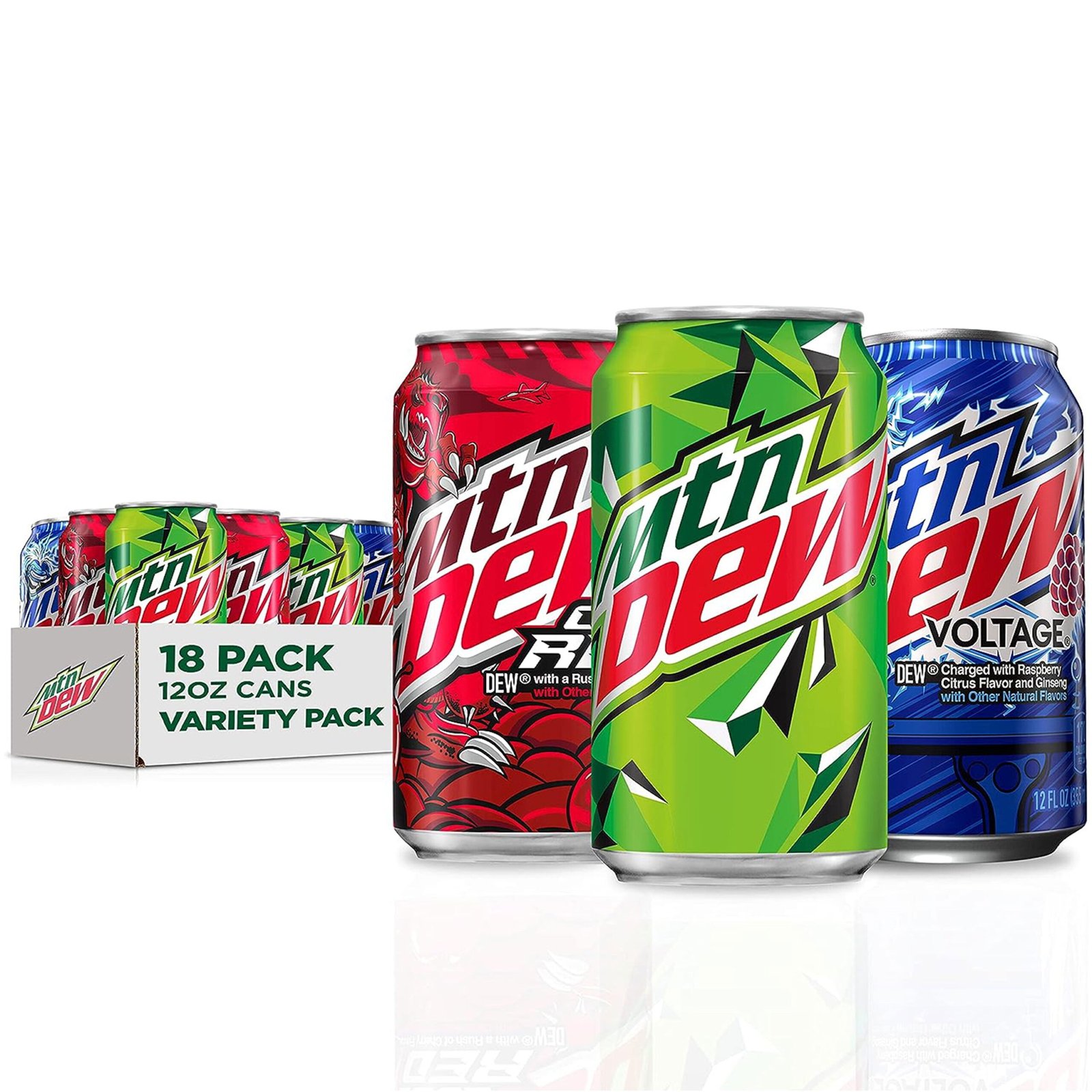 Mountain Dew Flavored Soda Pop Variety Pack, Original, Code Red, Voltage, 12 fl oz, 18 Pack Cans
