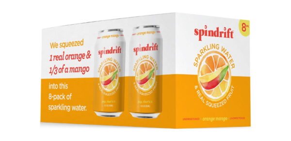 Spindrift Unsweetened Orange Mango Sparkling Water Real Squeezed Fruit, 12 FL Oz, 8 Pack Cans