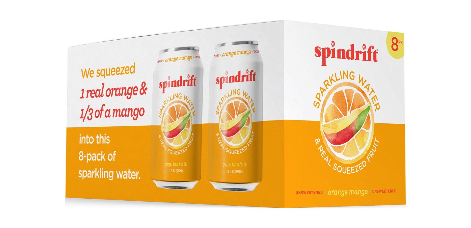 Spindrift Unsweetened Orange Mango Sparkling Water Real Squeezed Fruit, 12 FL Oz, 8 Pack Cans