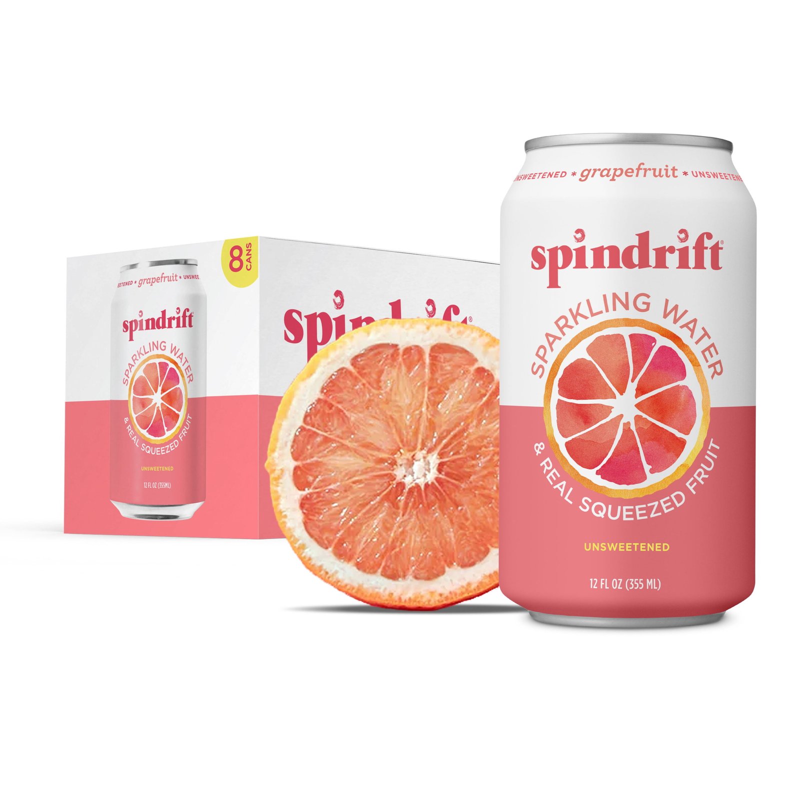 Spindrift Sparkling Water, Grapefruit Flavored, Made with Real Squeezed Fruit, 12 fl oz, 8 Count, No Sugar Added, 17 Calories per Can