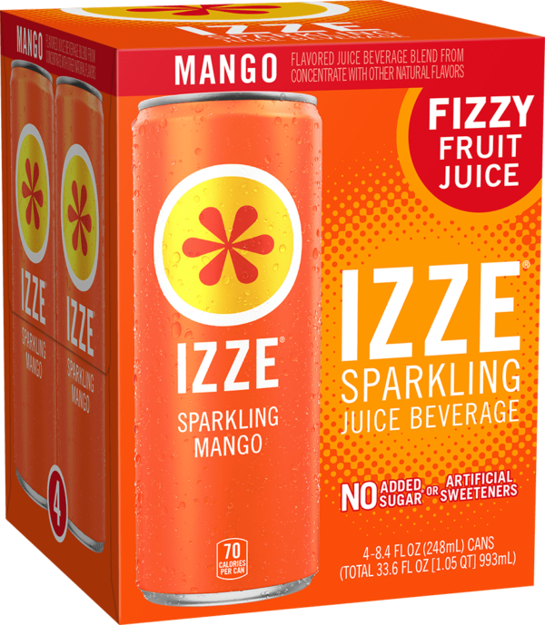 IZZE Sparkling Juice Beverage Blend Mango, No Sugar Added, 8.4 Fl OZ, 4 Cans