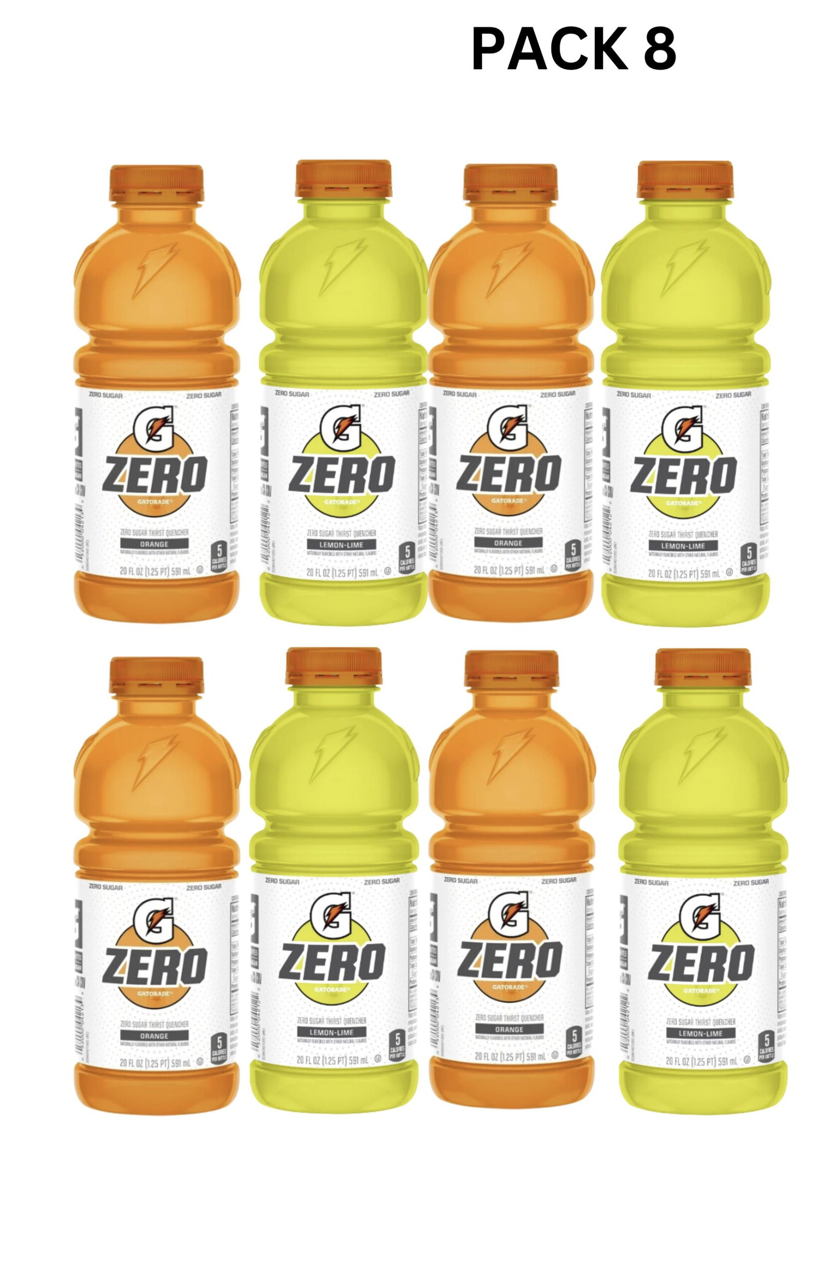 Gatorade Zero Variety Pack, Lemon lime + Orange,  Zero Sugar, 20 Fl Oz (Pack of 8)