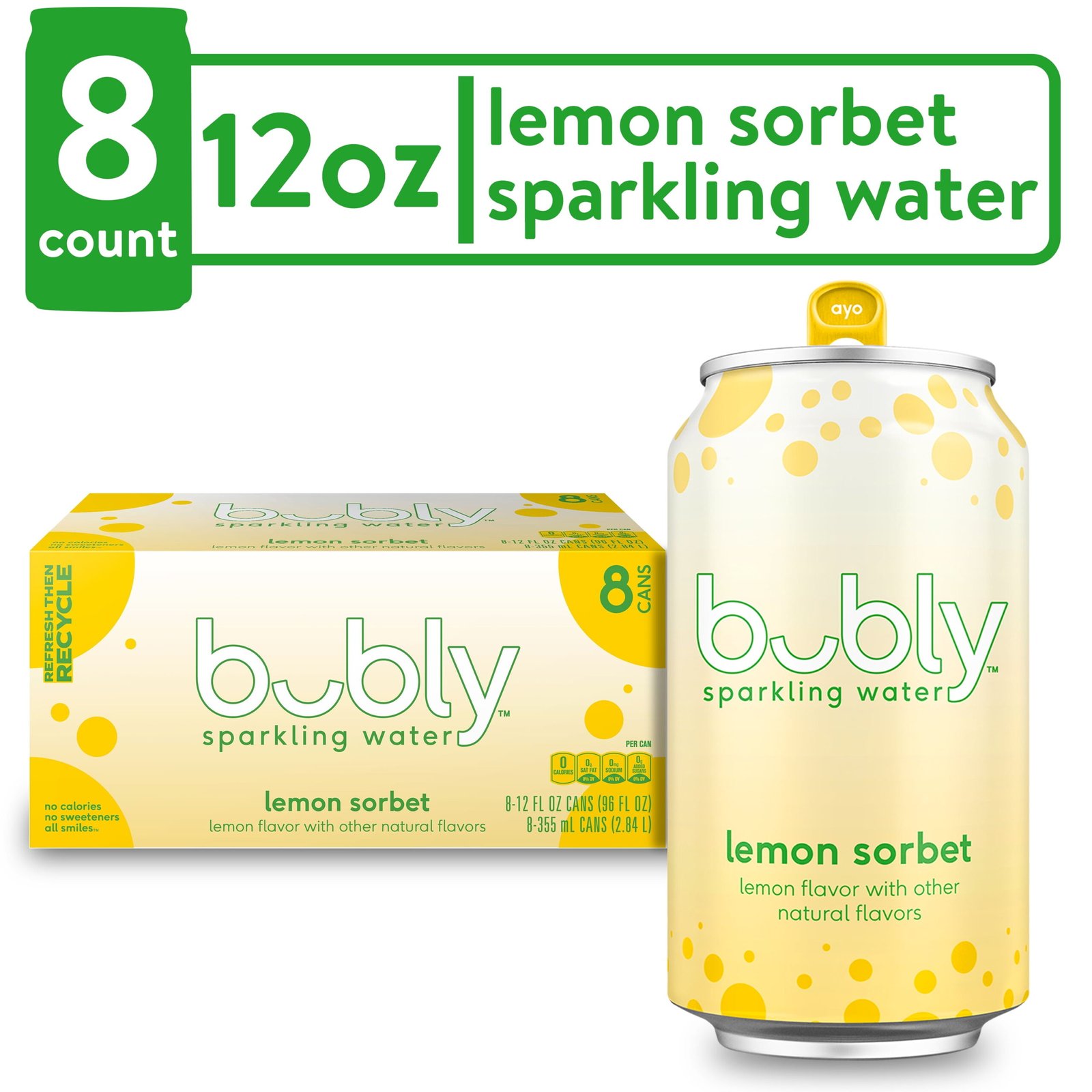 bubly Lemon Sorbet Sparkling Water, 12 fl oz, 8 Pack Cans