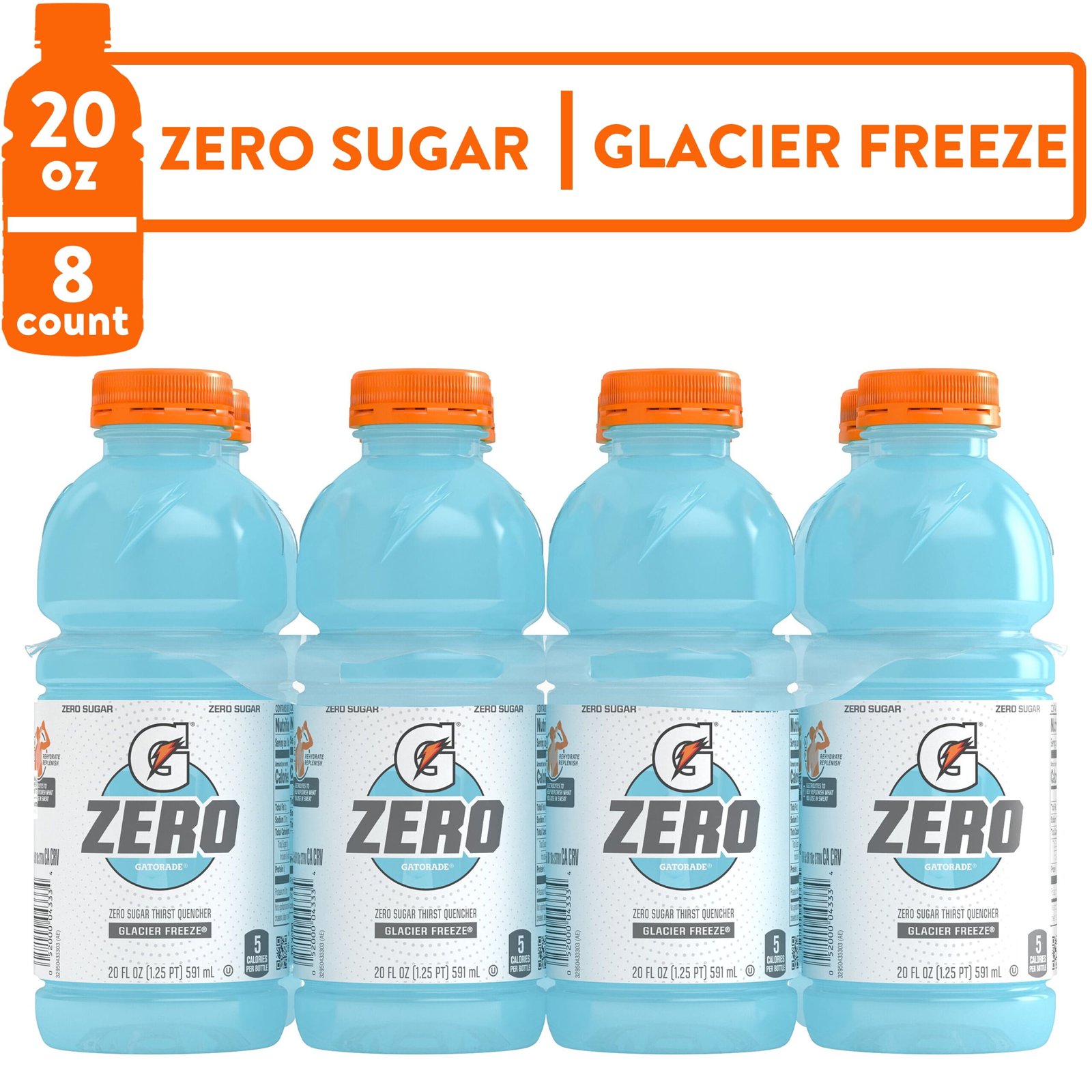 Gatorade G Zero Thirst Quencher, Glacier Freeze, 20 oz Bottles, 8 Count