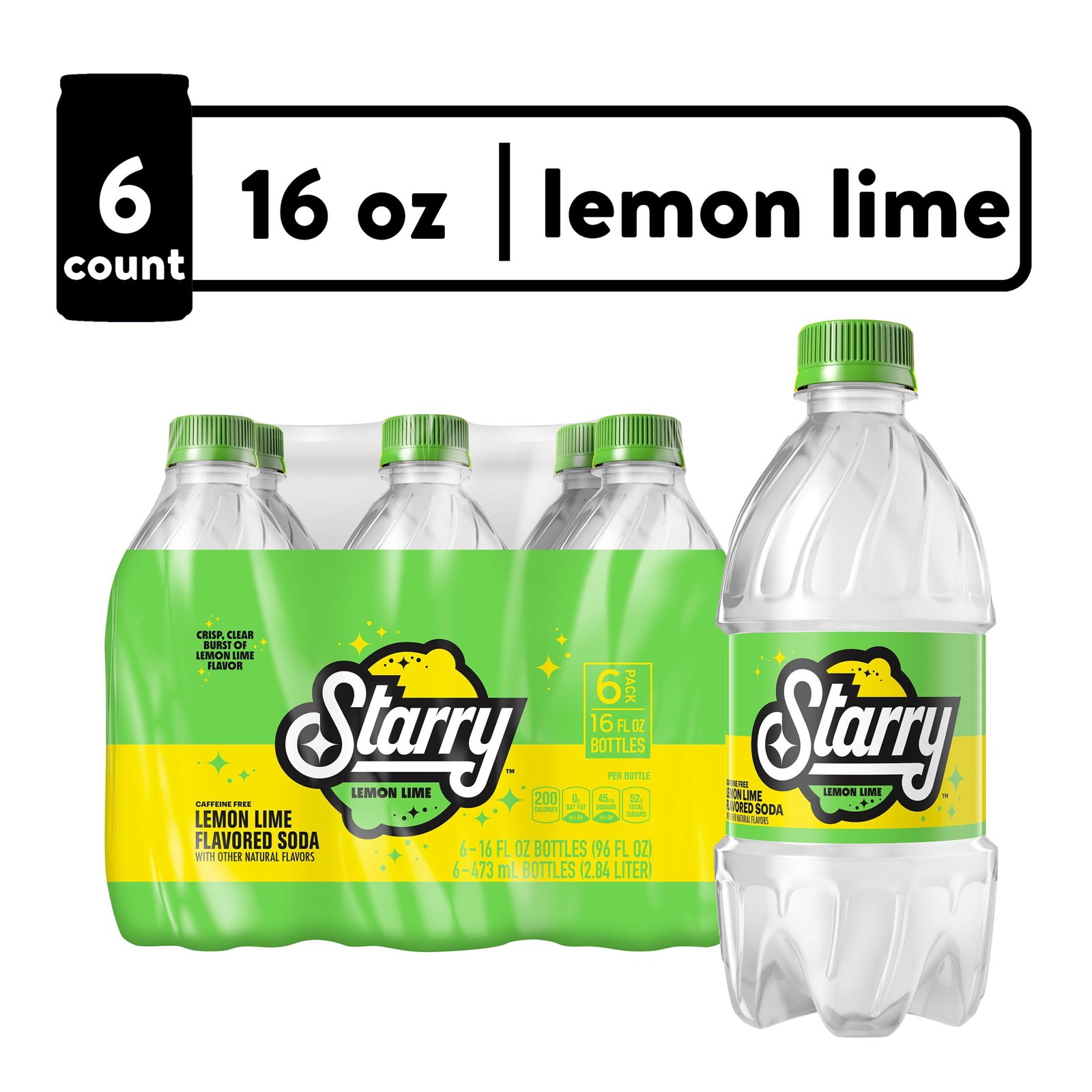 Starry Lemon Lime Soda Pop, 16 fl oz, 6 Pack Bottles
