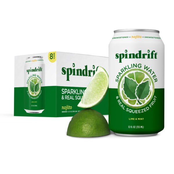 Spindrift Sparkling Water Nojito, Lime and Mint Flavored, Made with Real Squuezed Fruit, 12 fl oz, 8 Count, No Sugar Sdded, 4 Calories per Can